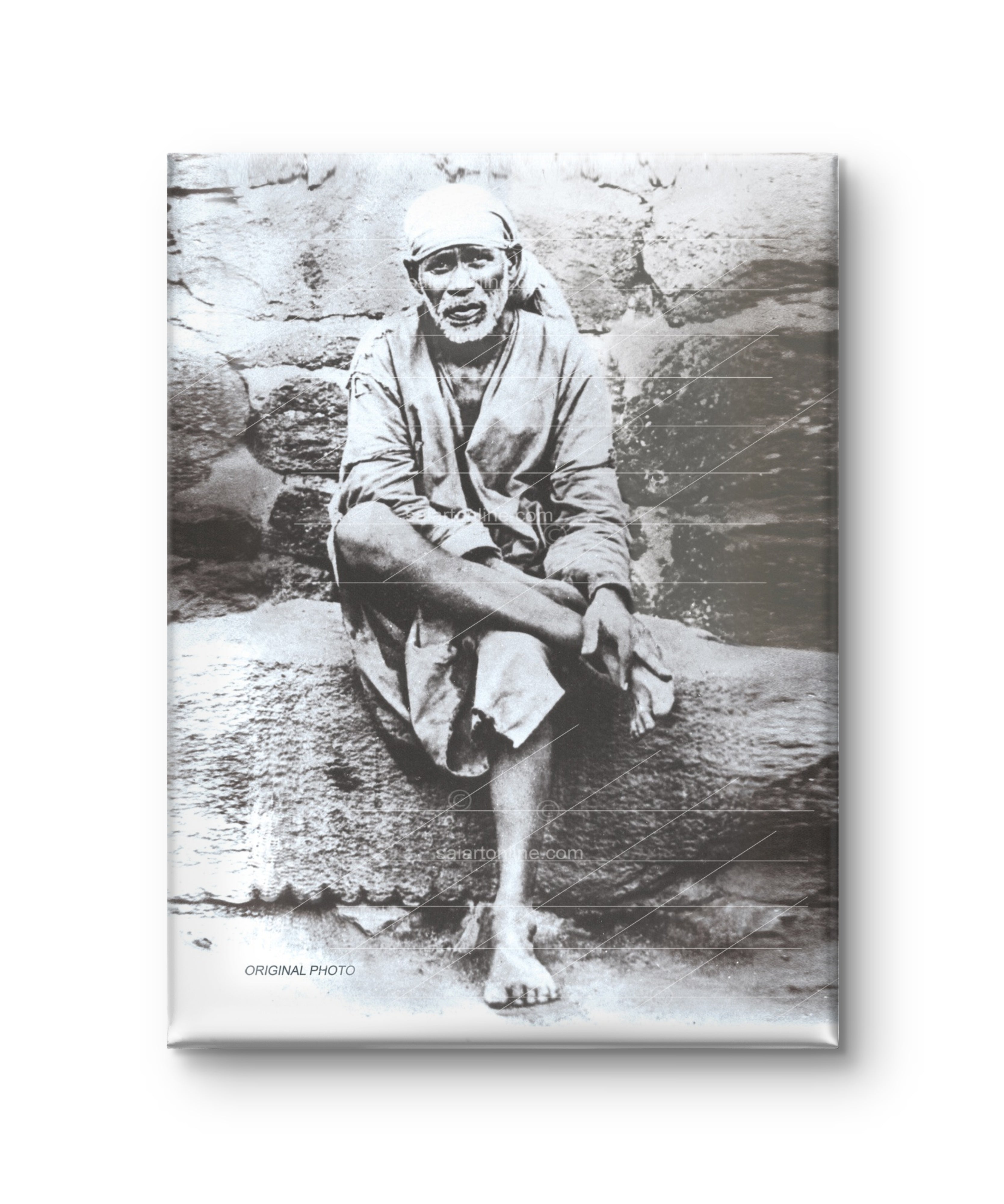 Shirdi Sai Baba Original Photo Sitting On Stone Hand Painting Canvas Reprint Wall Art Decor photo, Picture/Poster